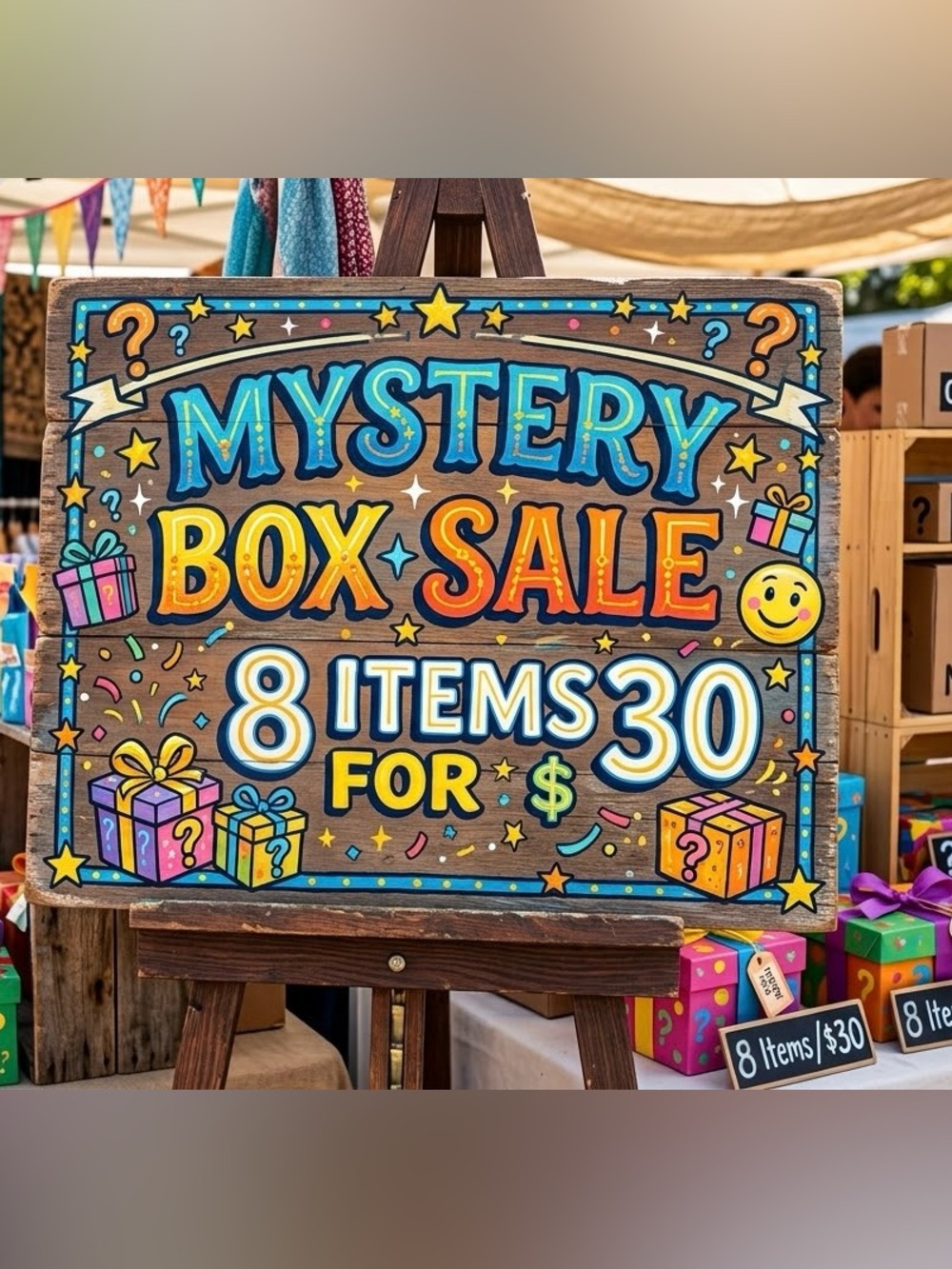 Mystery Box Sale Sign - Colorful Multicolor Party Display